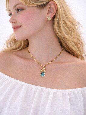 Vintage Givenchy Bow Pendant Necklace Blue Teardrop Crystal Gold